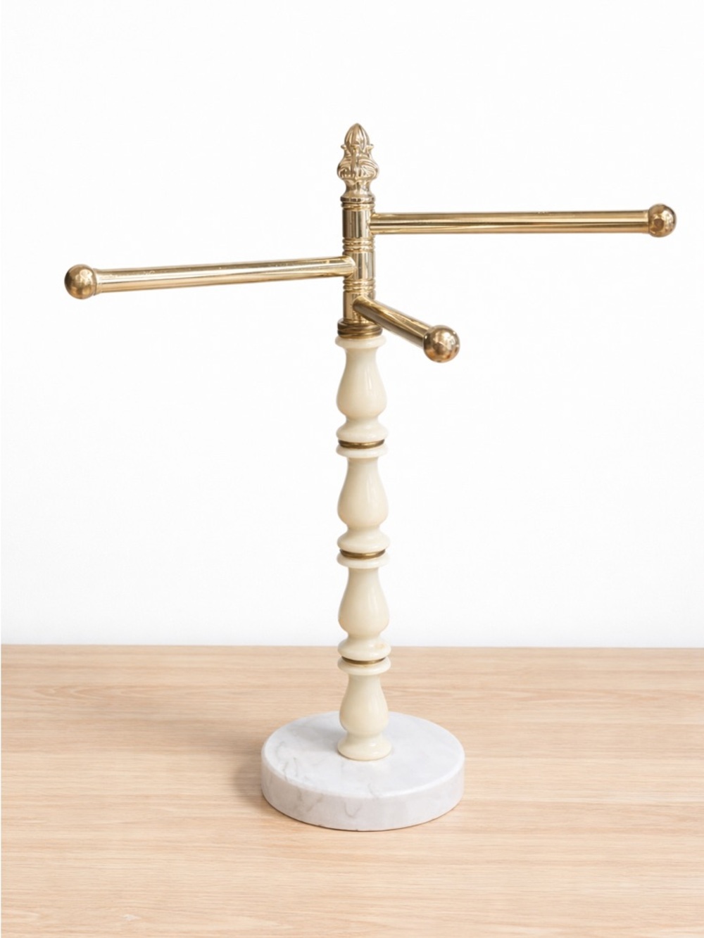 Marble Base Jewelry Stand with Cream Turned Wood and Gold Arms
